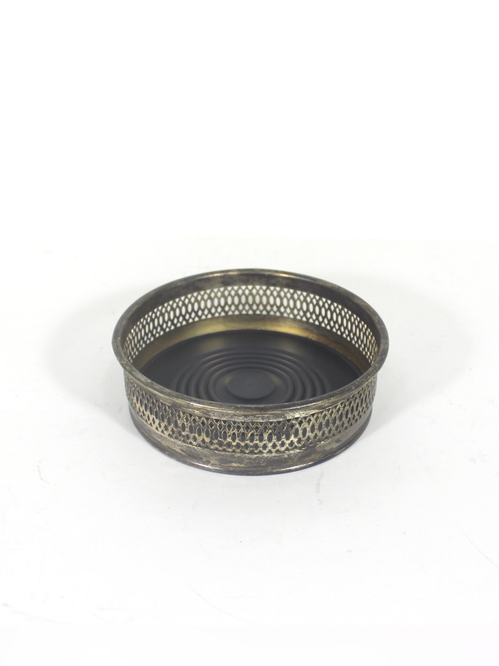Vintage Italian Silver Plated Wine Coaster with Faux Wood Base and Pierced Sides